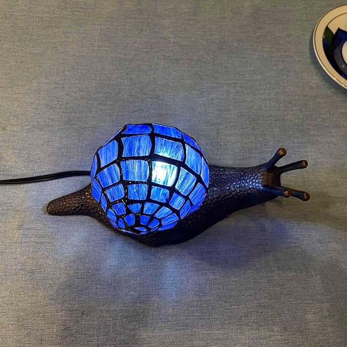 Bieye L10983 Land Snail Tiffany Style Stained Glass Accent Table Lamp for Home Decoration (Blue, 10" D x 5" W x 5" H) - Bloomnest