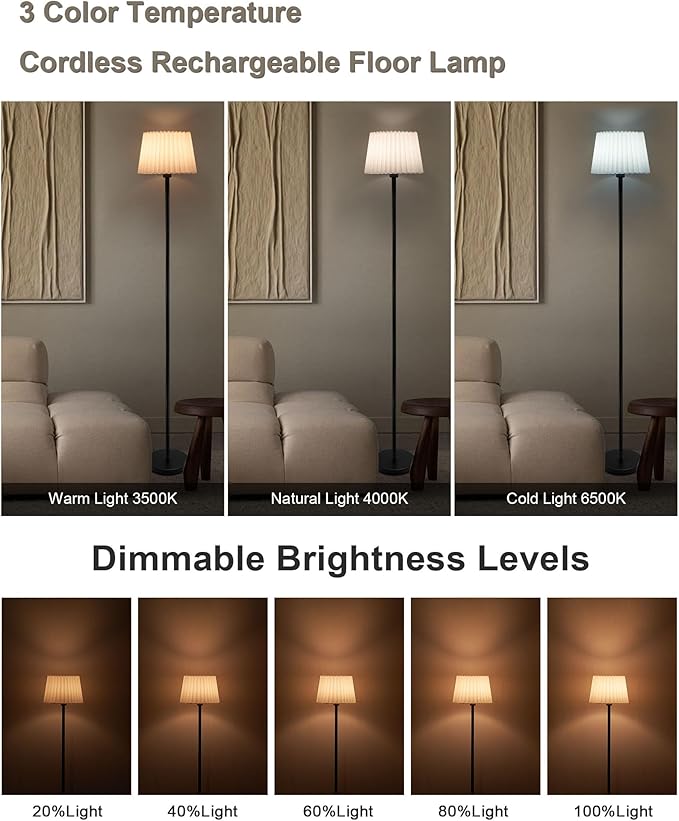 UMEXUS Cordless Rechargeable Floor Lamp for Bedroom, 57" Battery Operated Dimmable Floor Lamp, Small Corner Standing Light with Remote & Timer Portable Bedside Outdoor Patio Kids Room Ambient Lighting - Bloomnest