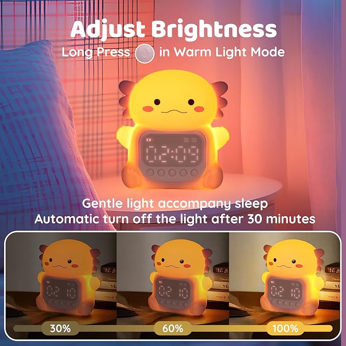 Axolotl Alarm Clock with Night Light for Kids, Rechargeable Silicone Lamp Time to Wake Clock，Cute Animal Tabletop Lamp, Perfect Sleep Companion for Boys Girls - Bloomnest
