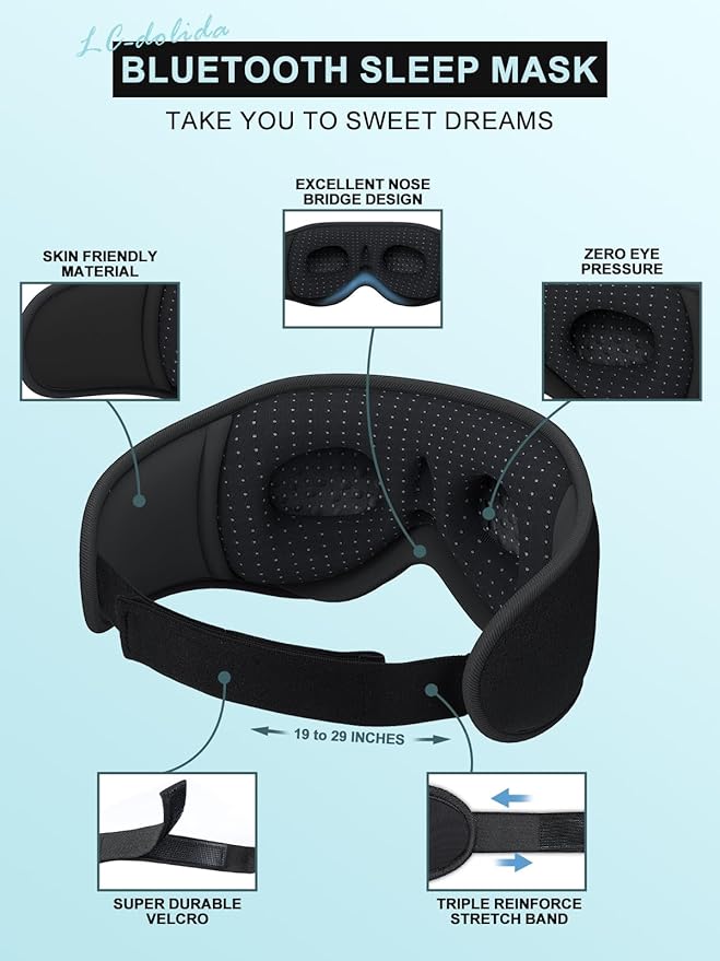 LC-dolida Sleep Headphones, 3D Sleep Mask Bluetooth Wireless Music Eye Mask, Sleeping Headphones for Side Sleepers Sleep Mask with Bluetooth Headphones Ultra-Thin Stereo Speakers Perfect for Sleeping - Bloomnest