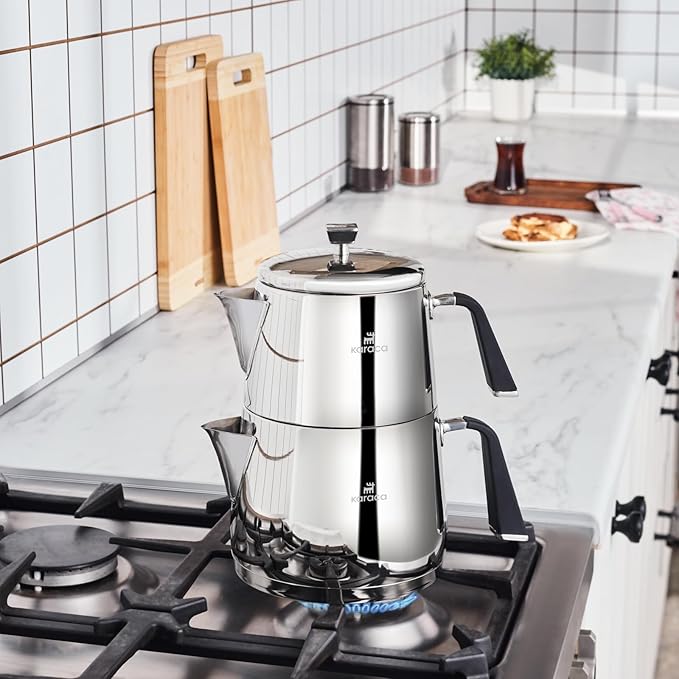 Karaca Fiona Stainless Steel Turkish Teapot Set XL, 1L Tea Pot & 2L Water Tank (Kettle), Stove Top/Induction Compatible, Elegant Silver Design, Easy to Clean, Non-Flammable Handles - Bloomnest