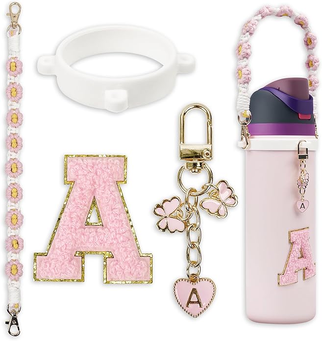 Compatible with Owala Water Bottle Accessories, Cute Letter Charm Set with Boho Handle Strap, Monogram Sticker, Silicone Ring, Keychain Decoration, for FreeSip 24 32 40oz, Owala Kids, Tumbler Gift SITKOL