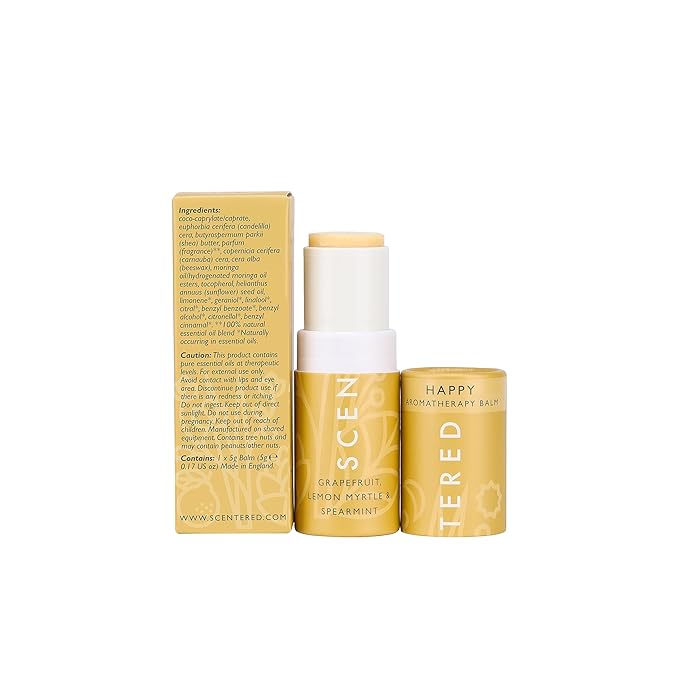 Scentered Aromatherapy Balm Stick - Happy - Mood Boost Roll On Essential Oils Blend for Positive Thinking - 100% Natural: Grapefruit, Cedarwood, Lemon Myrtle Essential Oil - Positive Gifts for Women - Bloomnest