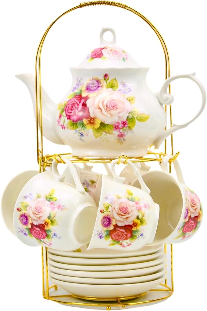 20-Pieces Porcelain Bone china Tea Sets,Gold Rim Coffee Set with Golden Metal Rack,Tea Gift Sets for Home&Party (008) - Bloomnest