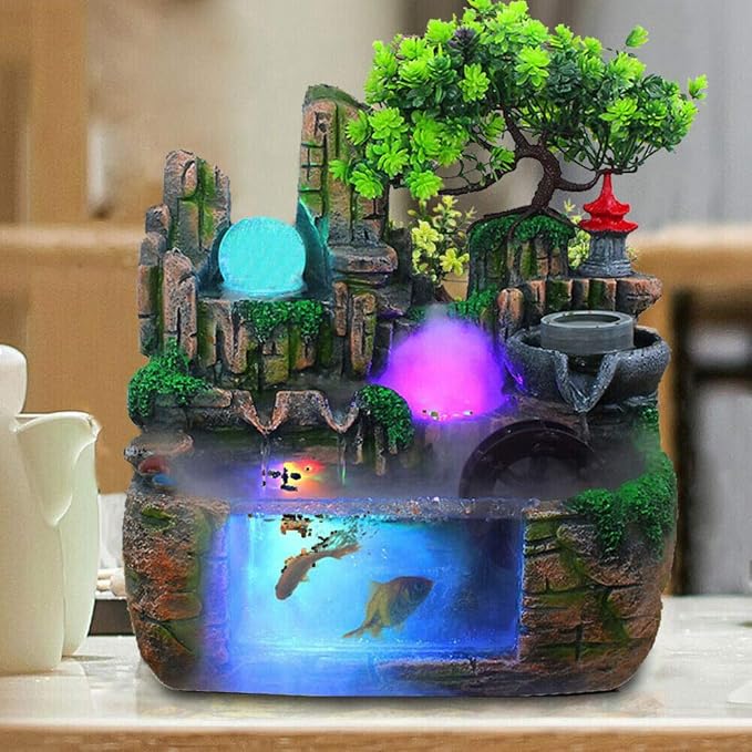 Tabletop Fountain Decorations,Tabletop Fountain Indoor Humidifier with Rockery Mountain Waterfalls,Goldfish,Light,Resin Rockery Crafts Gift Fountain for Home Office Bedroom Desk Ornaments