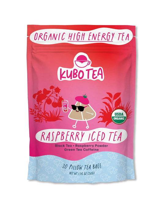 Kubo Tea Organic High Energy Iced Tea - High Caffeine Raspberry Blend - Healthy Coffee Substitute w/ 20 Servings (155mg Caffeine each) - Great for Hot & Cold Brew, Pillow Bags, Compostable Packaging