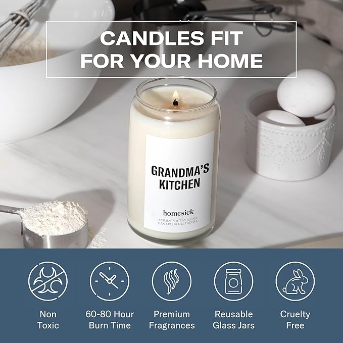 Homesick Scented Candles for Home (Grandma's Kitchen) - 13.75 oz Long-Lasting Natural Soy Wax Blend Jar Candle Gifts for Women & Men, 60-80 Hours Burn Time - Notes of Butter, Apple & Cream - Bloomnest
