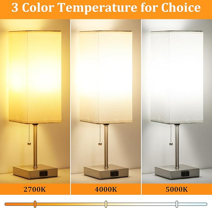Table Lamp for Bedroom set of 2,3-Color Bedside Lamps with Pull Chain Table Lamps for Nightstand with AC Outlets,18'' Night Light Lamps with 2 Bulbs Lamps for Living Room Kids Office Decor（Nickel） - Bloomnest