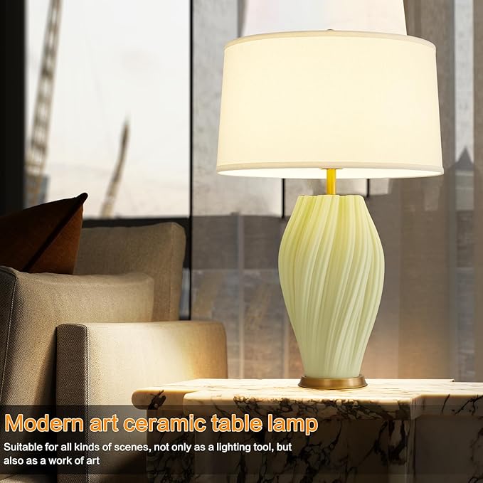 Modern Textured Ceramic Large Table Lamps 26.75", Sage Green Plug in Table Lamp Decor for Living Room Bedroom Bedside Tables Office Desk End - Bloomnest