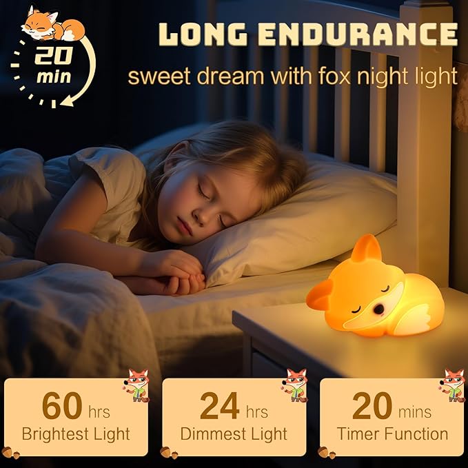 Fox Night Light for Kids, Cute Lamp Xmas Fox Gifts, Squishy Rechargeable Dimmable Toy, LED Woodland Animal Nightlight, White Elephant Gift, Fall Room Décor, Silicone Touch Light Up Foxes - Bloomnest
