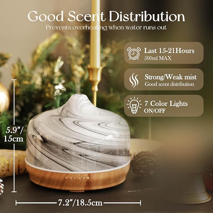 Porseme 500ml Glass Essential Oil Diffuser Aromatherapy Ultrasonic Cool Mist Humidifier 15-21 Running Hours Waterless Auto-Off Air Diffusers for Sleeping,Yoga,Office Working,Spa and Rest (Ink) - Bloomnest
