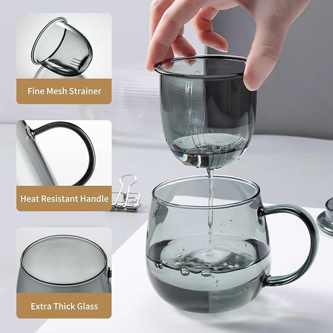 Glass Tea Cup with Infuser and Lid, 17.6oz/520ml Large Borosilicate Teacup, Clear Mug for Loose Leaf Tea, Blooming Tea, Tea Bags - Perfect Christmas or Birthday Gift for Men - Bloomnest