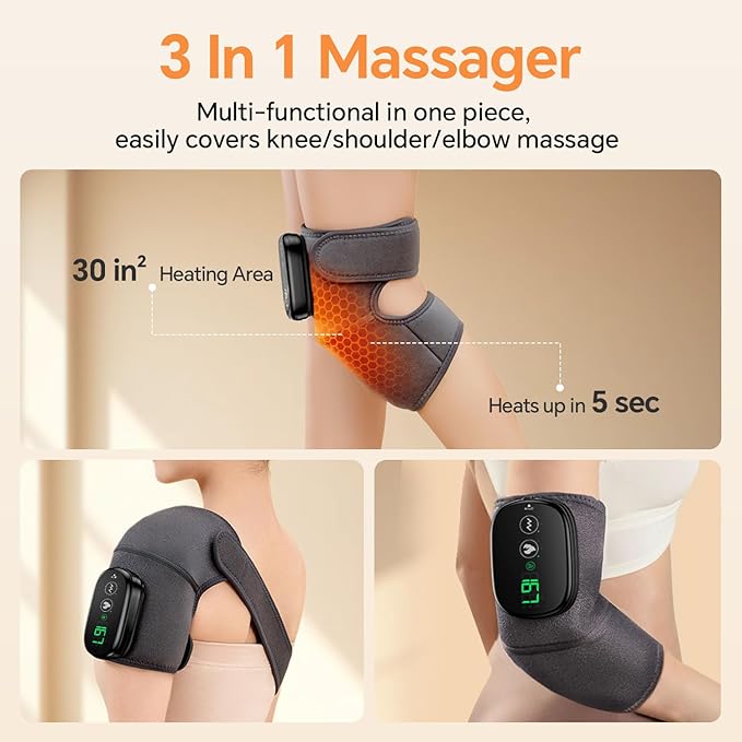 Foot Massager with Heat, Knee Shoulder Elbow 3 in 1 Feet Massager, Heated Knee Massager, Shoulder Massager with Heat Vibration, 210 mins Battery, Cordless Portable, Touchscreen Control (Grey) - Bloomnest