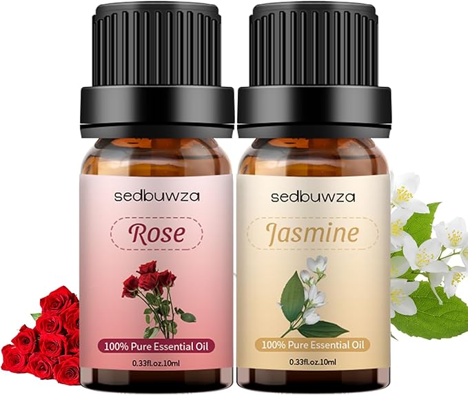 Sedbuwza Rose Jasmine Essential Oil Set, Rose Fragrance Oil Jasmine Scent Oil Set for Diffuser, Aromatherapy, Massage, Soap, Candle Making 2 x 10 ml Sedbuwza