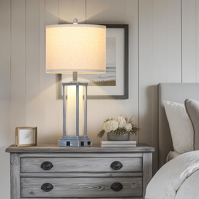27" Tall Vintage Table Lamp Set of 2 with USB C+A & Outlet,Gray Nightstand Lamp for Living Room,Retro Bedside Lamps with Frosted Glass Night Light for Bedroom Entryway,Grey - Bloomnest