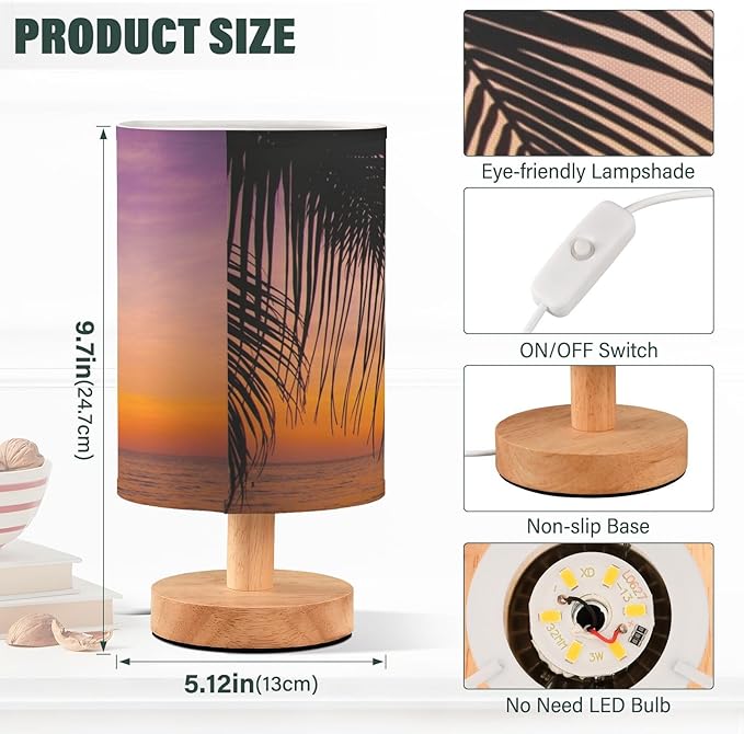 Table Lamp Sunset Ocean Palm Tree Tropical Summer Nightstand Lamp with Wood Base Fabric Lamp Shade Bedside Desk Lamp for Living Room Bedroom Kids Room Office - Bloomnest