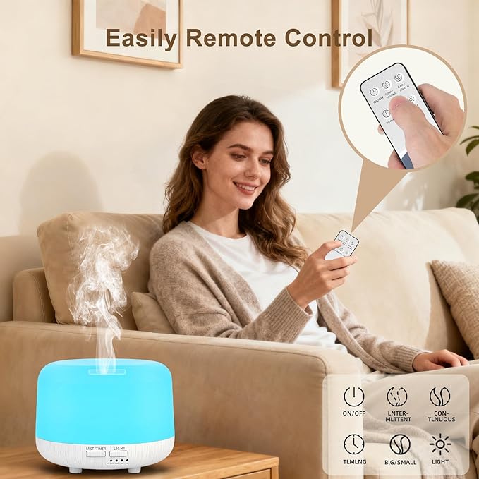 Aromatherapy Diffuser, 300ML Remote Control Essential Oil Diffusers, White Wood Grain Humidifier with 8 Colors Light 4 Timer Mode, Ultrasonic Scent Diffuser for Home, Office - Bloomnest