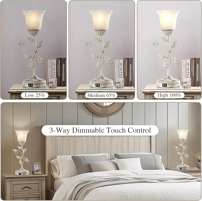 RORIANO Set of 2 Rustic Touch Table Lamps for Bedroom, 3-Way Dimmable Nightstand Flower Lamp with 2 USB Ports, Retro White Glass Shade Leaf Lamp for Living Room Entryway, 2 LED Bulb Included - Bloomnest