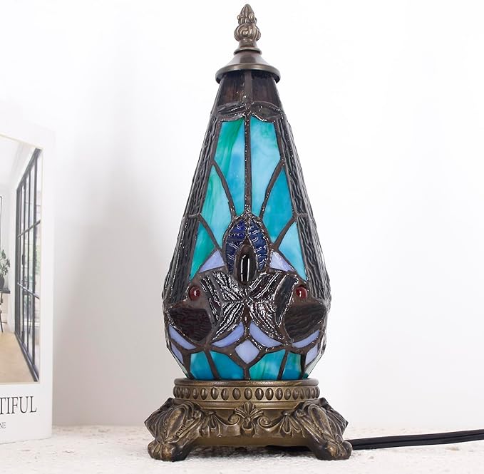 Small Tiffany Lamp Stained Glass Table Lamp 5.5X11 Inch Christmas Tree Lighthouse Mini Accent Memory Sympathy Antique Night Light for Bedroom Living Room (Green Liaison)