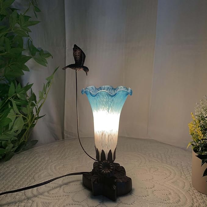Bieye LL04 Hummingbird Flying Over Lily Flower Blown Glass Table Lamp for Home Decor (White Blue, 4.25Wx12H)