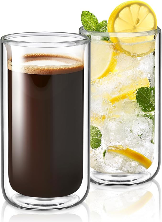 Joeyan Glass Double Walled Beer Drinking Glasses, Insulated Thermo Glass Tumbler Without Hole, Thickened Water Cocktail Highball Glass Cups, Smoothie Tea Coffee Glassware, 12oz, 2Pack, Dishwasher Safe - Bloomnest