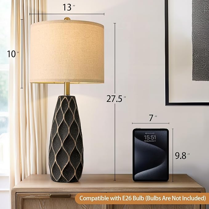 PORTRES 27.5" Ceramic Table Lamps for Bedroom Living Room Lamps Set of 2 Modern Bedside Nightstand Lamp Farmhouse Vintage Rustic Boho Retro Large Table Lamps Light Home Office Desk Deco Gifts, Black - Bloomnest