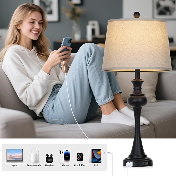 28.75" Black Table Lamps Modern 3-Way Dimmable Bedside Lamp with USB A+C Ports & AC Outlets for Living Room Bedroom Nightstand Lamp,Beige Fabric Shade Mid Century Accent Style - Bloomnest