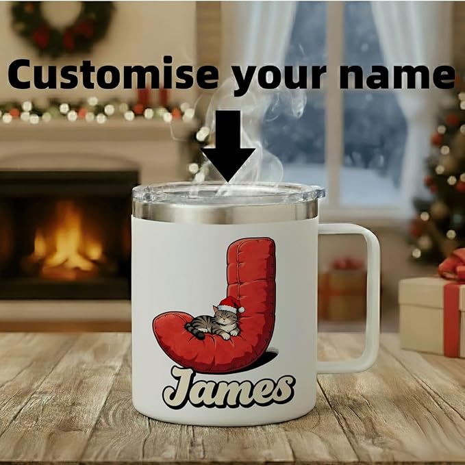 JugJug Personalized Christmas Cat Mug with Initial & Name - Funny Grumpy 12oz Insulated Coffee Cup with Lid - Xmas Gifts for Cat Lovers, Women, Girls (B179) - Bloomnest