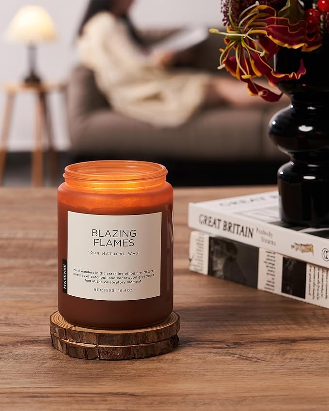 M&SENSE Blazing Flames Scented Candles with Log Fire - Patchouli & Cedarwood, Large Natural Soy 19.4oz 110 Hour Long Lasting Non Toxic Clean Burn Candle Gifts for Men Women - Bloomnest