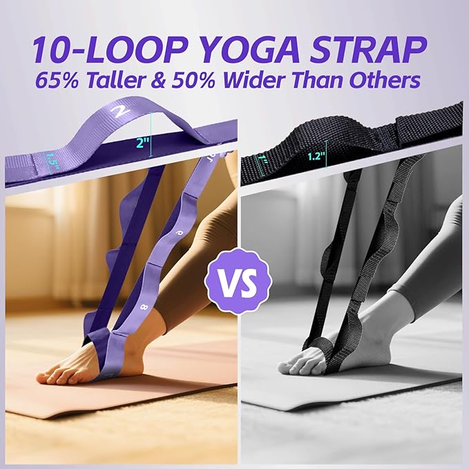 ROSAPOAR Stretching Strap with Loops - Non Elastic Yoga Straps for Physical Therapy, Durable Stretch Bands for Exercise, Flexibility Training, Hamstring & Leg Stretcher, Yoga/Pilates/Gymnastics - Bloomnest