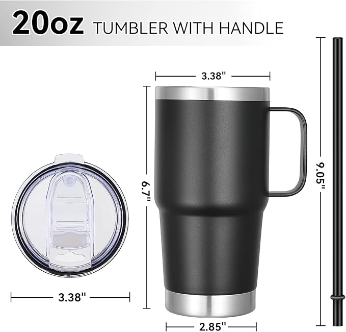 VEGOND 20 oz Tumbler Bulk with Handle Lid and Straw, Stainless Steel Insulated Travel Coffee Mug Set, Spill Proof Double Wall Metal Tumblers Cups, Black 6 Pack - Bloomnest