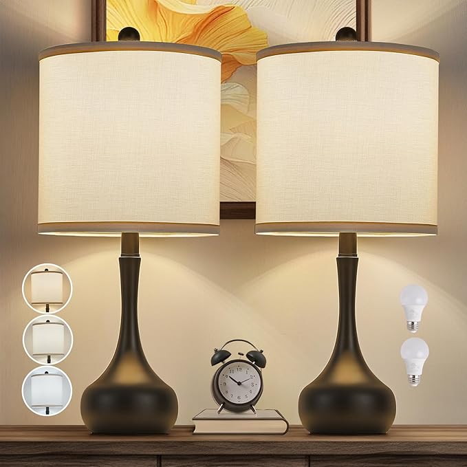 23" Black Metal Modern Table Lamp Set of 2,Farmhouse Bedside Lamps for Living Room, 3 Color Temperature Rustic Table Lamps for Bedroom, Night Stands, Dorm,Office, Home Décor(Bulb Included) - Bloomnest