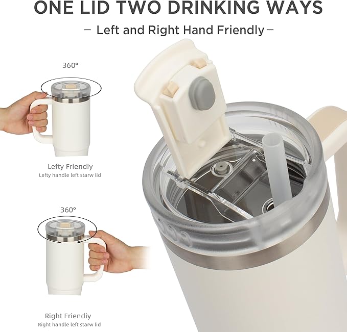 Tyeso 40 oz Tumbler with Handle, Straw and Lid - Leak Resistant Insulated Stainless Steel Water Bottle, Car Cup Holder Friendly Travel Coffee Mug White - Gifts for Men & Women - Bloomnest