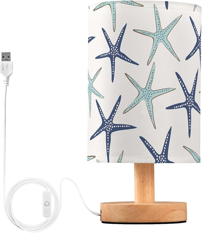 Table Lamp Nautical Starfish Pattern Nightstand Lamp with Wood Base Fabric Lamp Shade Bedside Desk Lamp for Living Room Bedroom Kids Room Office - Bloomnest