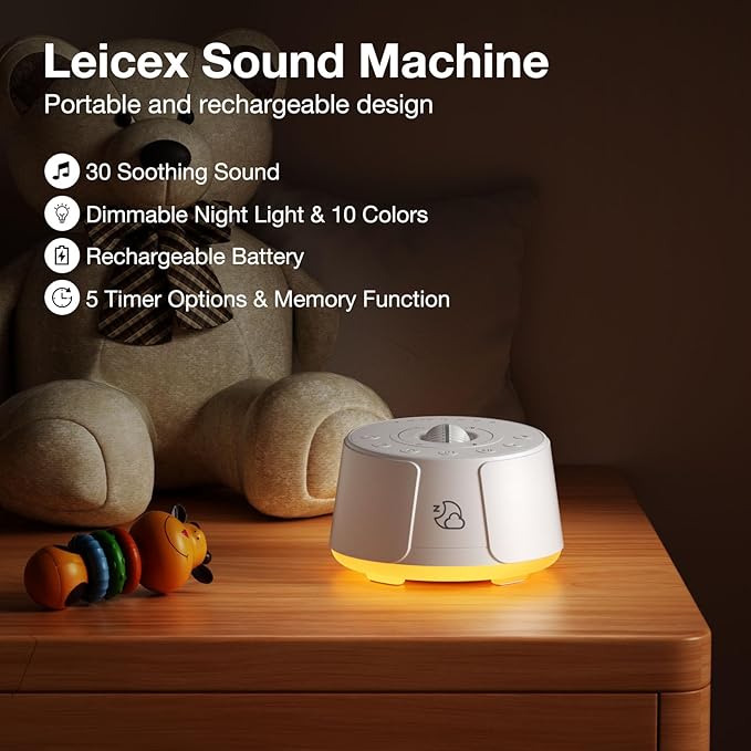Sound Machine LEICEX White Noise Machine - 30 Soothing Sounds, 10 Colors Night Light, Rechargeable Battery- Travel Portable Sound Machine for Sleep Baby Adults, Perfect Sleeping Companion - Bloomnest