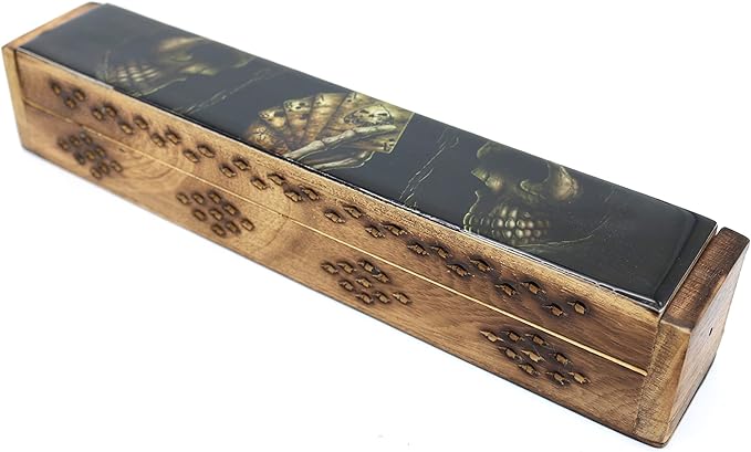 SOUL STICKS Handmade Carved Incense Burner Wooden Coffin Box with Storage Includes Go Away Evil Incense Sticks (Skull of Luck) - Bloomnest