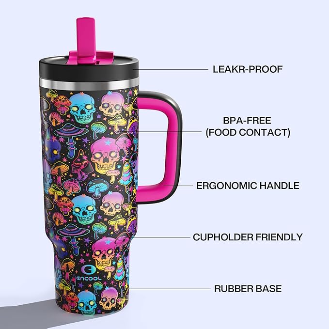 ENCOOL 40 oz Tumbler with Handle and Straw: Stainless Steel Insulated Tumbler Keeps Cold for 24 Hours, Leakproof Travel Cup Fits in Cup Holder and BPA-Free, Trippy Skulls ENCOOL