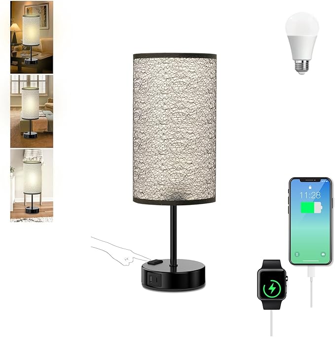 Table Lamp for Bedroom with Touch Control,Bedside Lamp with USB C+A Charging Ports& AC Outlets, Adjustable 3color LED Light for Home Decor/Nightstand/Bedroom/Office,Included Bulb - Bloomnest