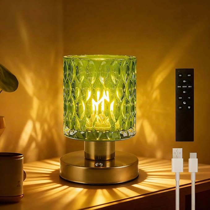 Battery Powered Lamp with Timer, Aesthetic Glass Cordless Lamps, Dimmable Rechargeable Lamp with Remote Control, Small Touch lamp for Nightstand Bedside Bedroom Living Room (Jade Green) - Bloomnest