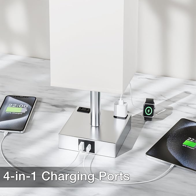 Touch Bedside Table Lamp for Nightstand - 3-Way Dimmable Night Lamp with USB A + Type C Charging Ports and Two AC Outlets, Small Desk Light with E26 LED Bulb for Bedroom Living Room Dorm Office,White - Bloomnest