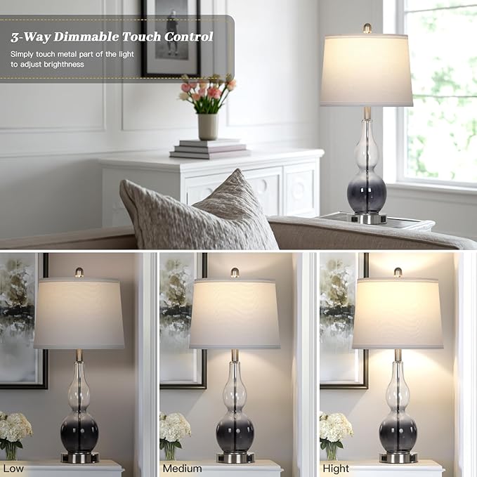 27.5" Gradual Gray Clear Glass Table Lamp Set of 2,3-Way Dimmable Touch Control Bedside Lamps with USB Ports and AC Outlet, Modern Nightstand Lamps for Bedroom Living Room - Bloomnest