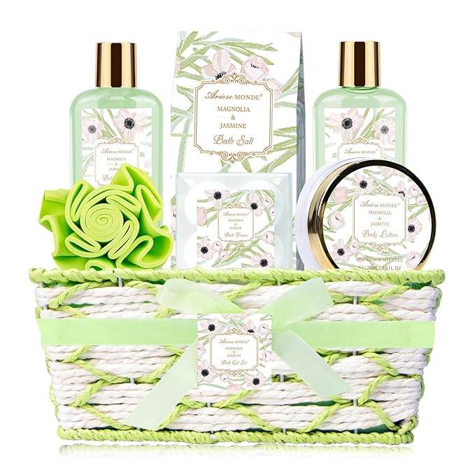 Spa Gifts for Women, Bath Sets, 7Pcs Spa Gift Set w/Shower Gel, Bubble Bath, Bath Salts, Bath Bomb, Body Lotion, Christmas Gifts for Women, Magnolia & Jasmine Bath Set - Bloomnest