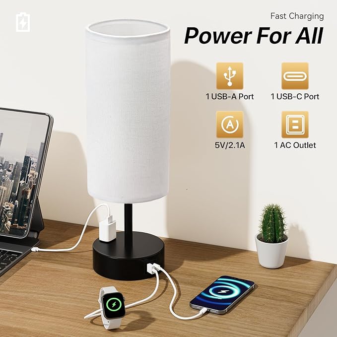KPQ Small Bedside Lamp Touch Control Table Lamp with USB A+C Charging Ports & AC Outlet 3-Way Dimmable Nightstand Lamp with Linen Fabric Shade for Bedroom Living Room - Bloomnest