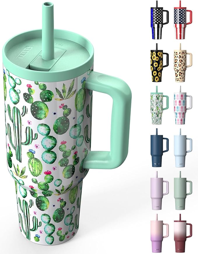 TILUCK 40 oz Tumbler with Handle, Vacuum Insulated Stainless Steel Travel Mug with 100% Leak-Proof Silicone Straw Lid, Cupholder Friendly Water Bottle(Cactus, 40oz)