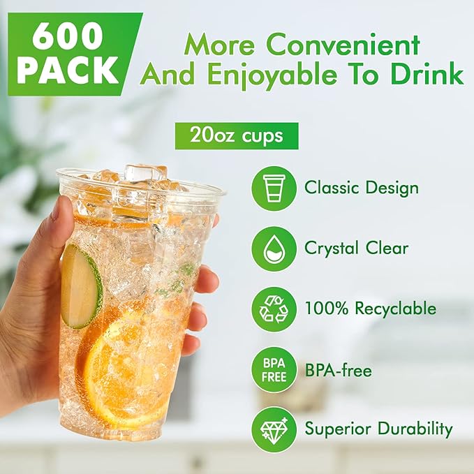 Lilymicky 600 Pack 20 oz Clear Plastic Cups, PET Disposable Drinking Cups, Crystal Clear, Perfect for Ice Coffee, Smoothie, Soda, or Any Cold Drinks - Bloomnest