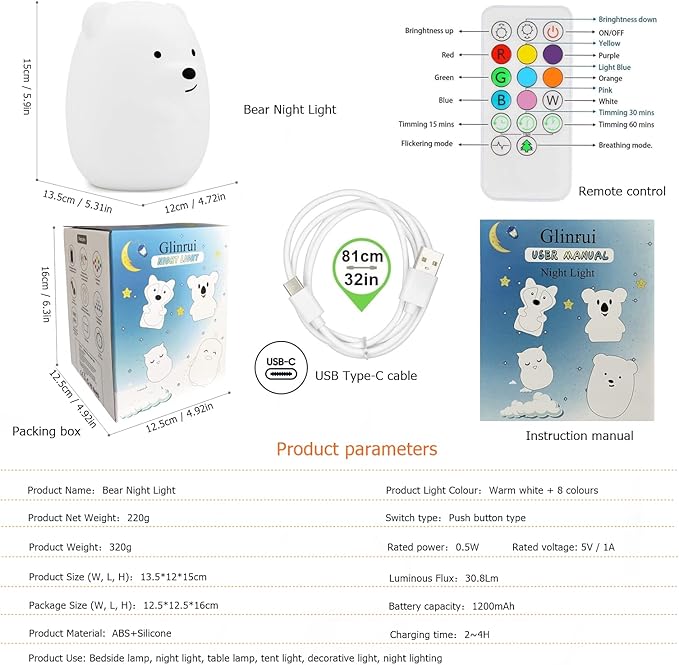 Large Bear Night Light for Kids, Silicone nightlights Bedside Table Lamps Baby Bedroom Lighting Nursery Children's Bed Lights - Eye Caring, Adjustable Brightness & Color, Time Setting - Large - Bloomnest