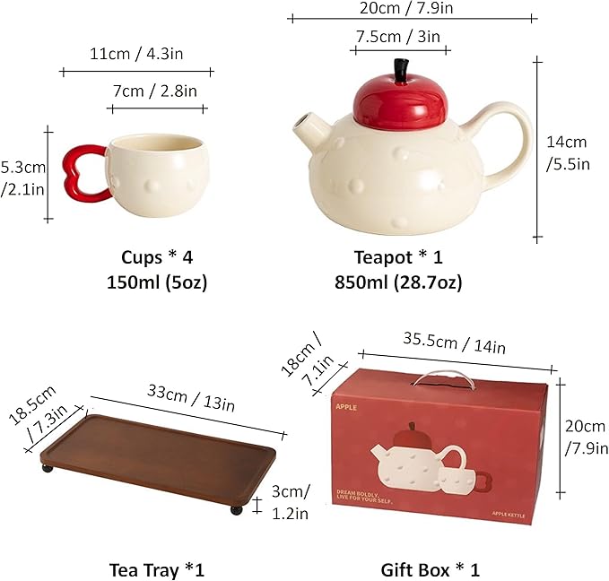 Apple-themed Modern Tea Set, 1 Teapot (28.7oz), 4 Teacups and 1 Tea Tray, Porcelain Tea Set for Adults, Cute Tea Set for Women Tea Party, Gift Package - Bloomnest