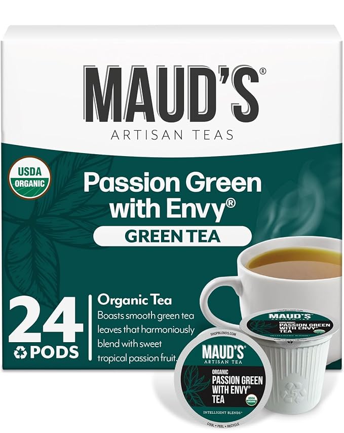 Maud's Organic Passion Green Tea Pods, 24 ct, Recyclable Single Serve Tea Pods – 100% Gourmet Blended Tea Leaves, Compatible with Keurig K Cups Maker - Bloomnest