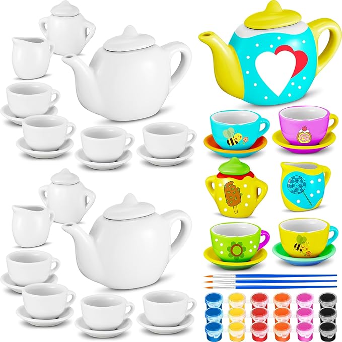 45 Pcs Spring Paint Your Own Tea Kit Craft DIY Tea Kit for Kids Ages 8+ Mini Ceramic Tea Cups to Paint Including Porcelain Dishes Brush for Party Girls Boys SetStylish Style - Bloomnest
