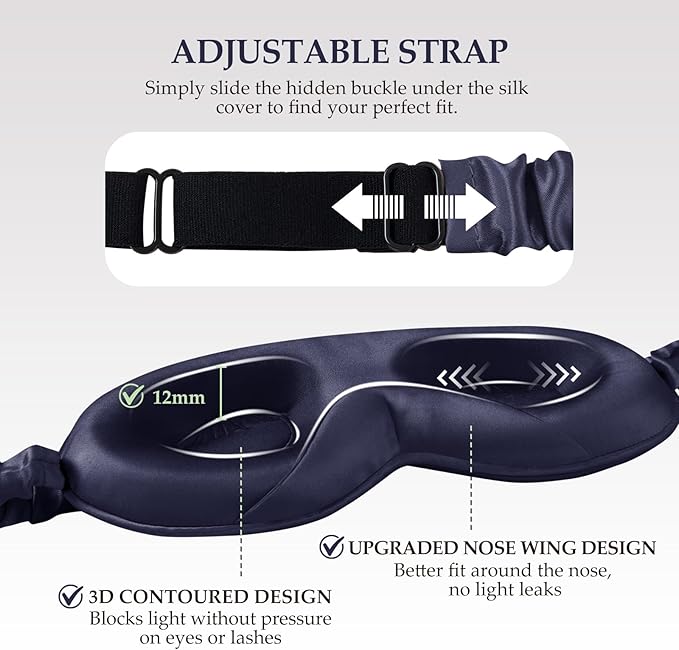 100% 22 Momme Mulberry Silk Sleep Mask with Adjustable Strap, 3D Contoured Cup Silk Eye Mask for Sleeping, Total Black Out, Navy Bule - Bloomnest